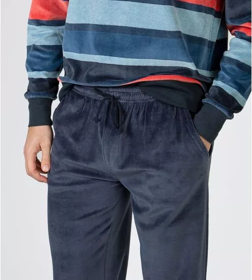 Pyjama homme en velours doux Bleu avec haut à rayures colorées