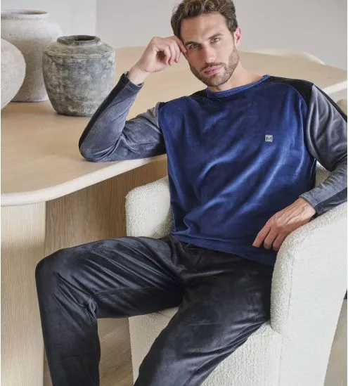 Pyjama doux en velours pour homme Bleu/Gris