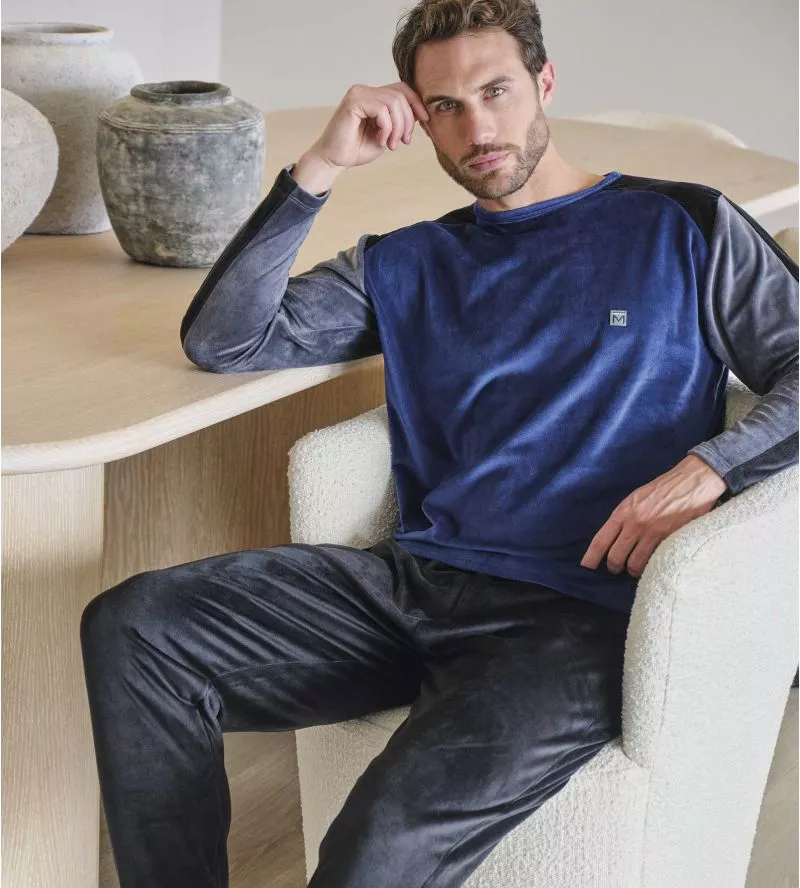 Pyjama doux en velours pour homme Bleu/Gris