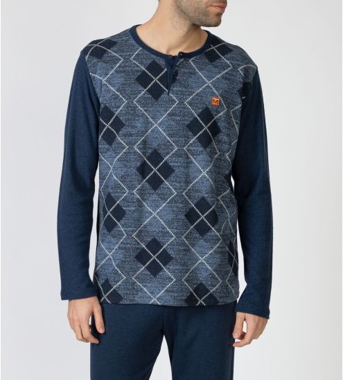 Pyjama polaire bleu marine pour homme motifs à losange