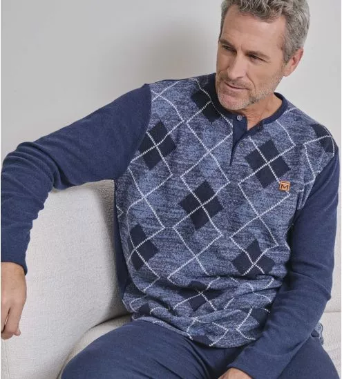 Pyjama polaire bleu marine pour homme motifs à losange