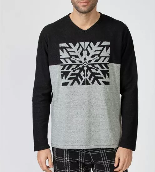 Pyjama polaire noir pantalon à carreaux et haut imprimé flocon de neige