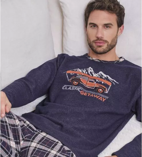 Pyjama polaire bleu marine pantalon à carreaux et imprimé voiture
