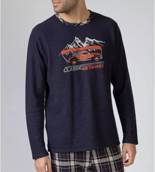 Pyjama polaire bleu marine pantalon à carreaux et imprimé voiture