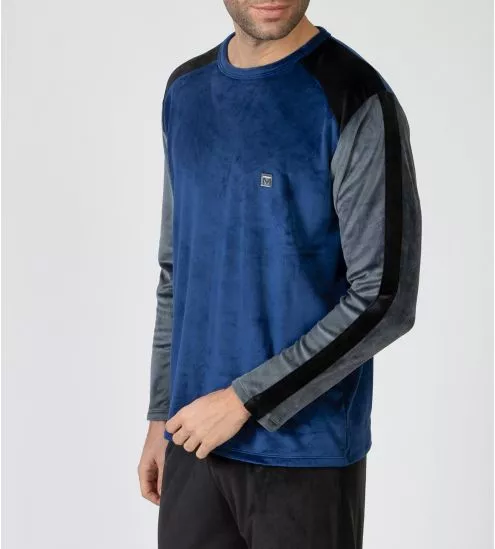 Pyjama doux en velours pour homme Bleu/Gris