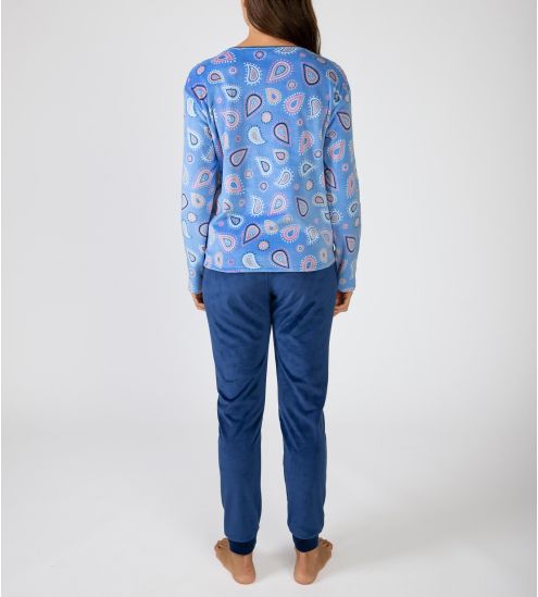 Pyjama en velours bleu pour femme imprimé coloré