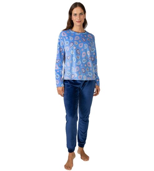 Pyjama en velours bleu pour femme imprimé coloré