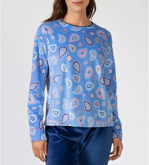 Pyjama en velours bleu pour femme imprimé coloré