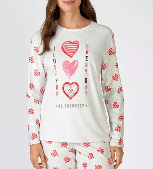 Pyjamapolaire doux pour femme gris avec des petits coeurs rouges