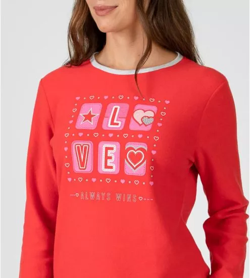 Ensemble de pyjama polaire doux pour femme Rouge/Gris imprimé Love