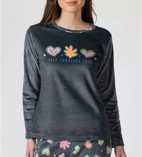 Pyjama femme en velous gris foncé imprimé coeurs colorés
