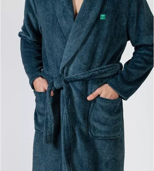 Robe de chambre pilou bleu pour homme avec col châle