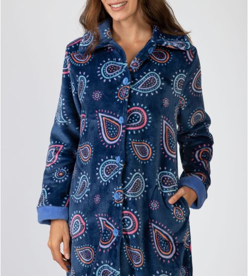 Robe de chambre longue en pilou bleu marine imprimé fun et coloré