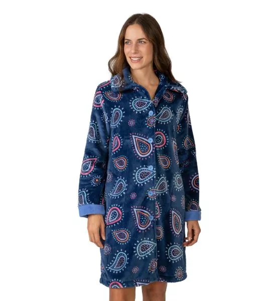 Robe de chambre longue en pilou bleu marine imprimé fun et coloré
