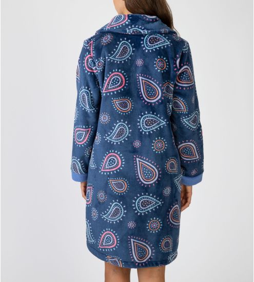 Robe de chambre longue en pilou bleu marine imprimé fun et coloré
