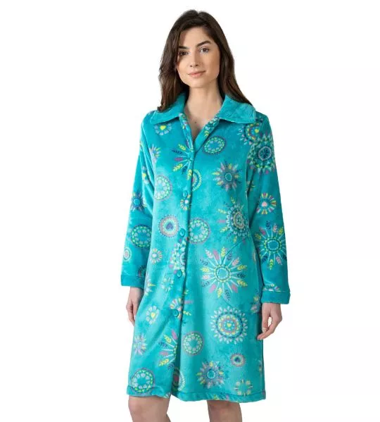Robe de chambre pilou boutonnée bleue imprimé multicolore