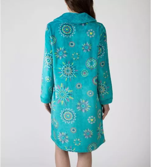 Robe de chambre pilou boutonnée bleue imprimé multicolore