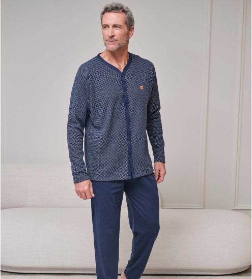 Pyjama long boutonné pour homme Bleu Chiné