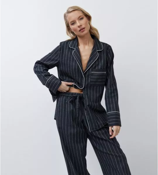 Pyjama chemise rayé gris et blanc pour femme
