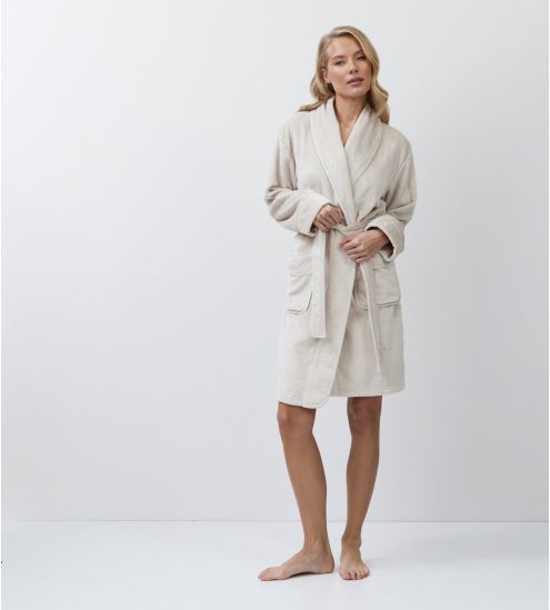 Peignoir doux femme en pilou uni beige rose