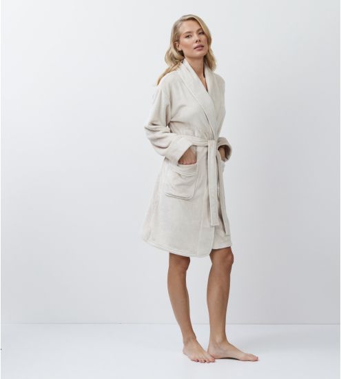 Peignoir doux femme en pilou uni beige rose