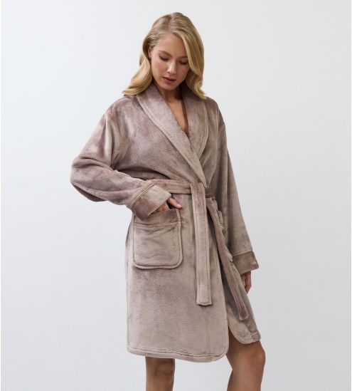 Peignoir doux femme en pilou uni brun chocolat