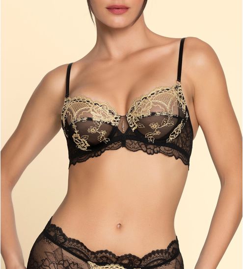 Soutien gorge emboîtant à armatures en dentelle noire et broderie dorée Sublime en Or Noir Éclat