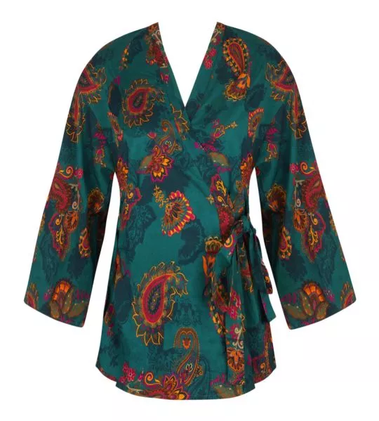 Déshabillé court en viscose imprimé Méditation Cachemir Vert Évasion