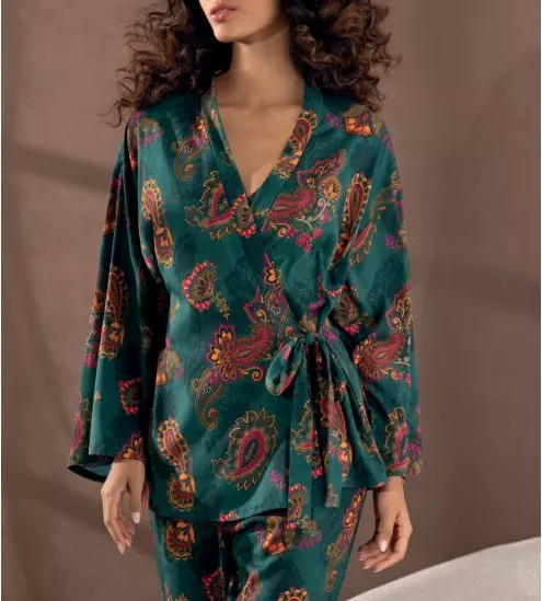 Déshabillé court en viscose imprimé Méditation Cachemir Vert Évasion