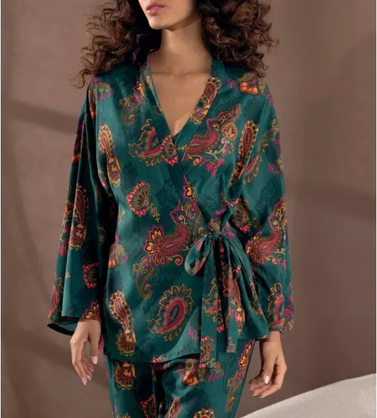 Déshabillé court en viscose imprimé Méditation Cachemir Vert Évasion