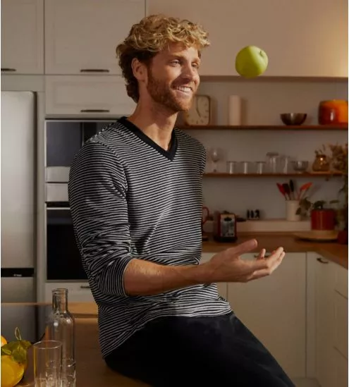 Pyjama homme thermo en velours à rayures Gris/Noir