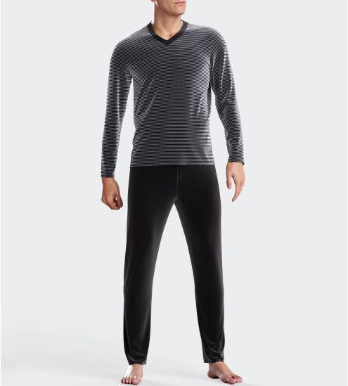 Pyjama homme thermo en velours à rayures Gris/Noir