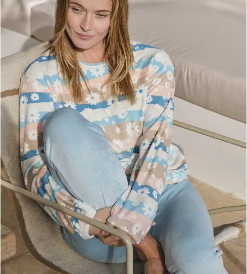 Pyjama doux en velours Turquoise imprimé coloré avec petites fleurs