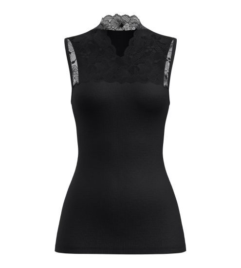 Top sans manches noir en laine et soie avec dentelle Silky Wool Glam
