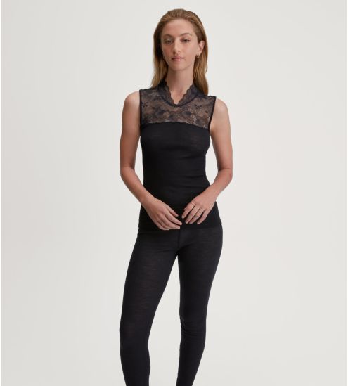 Top sans manches noir en laine et soie avec dentelle Silky Wool Glam