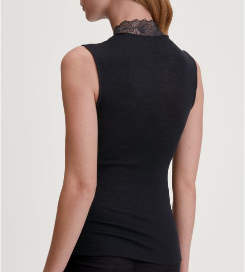 Top sans manches noir en laine et soie avec dentelle Silky Wool Glam