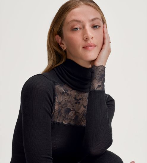 Pull fin col roulé en laine et soie avec dentelle Silky Wool Glam noir