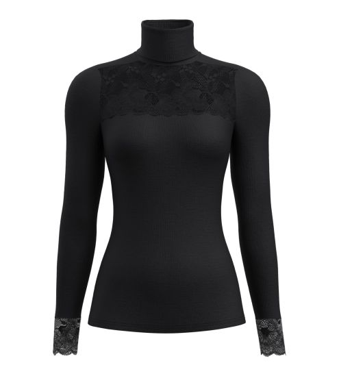 Pull fin col roulé en laine et soie avec dentelle Silky Wool Glam noir