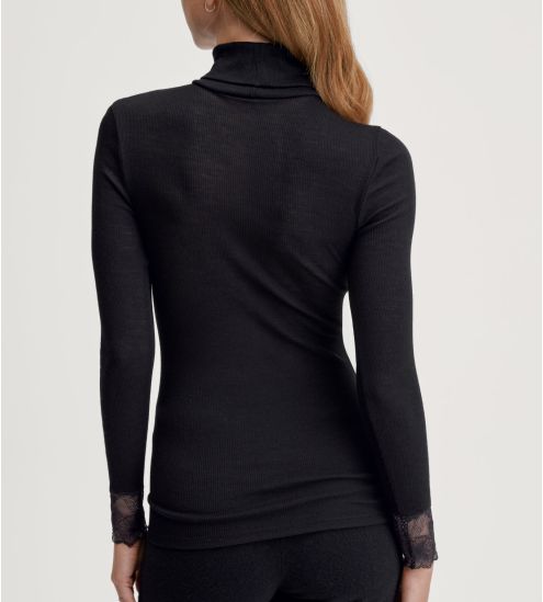 Pull fin col roulé en laine et soie avec dentelle Silky Wool Glam noir