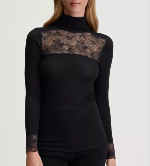 Pull fin col roulé en laine et soie avec dentelle Silky Wool Glam noir