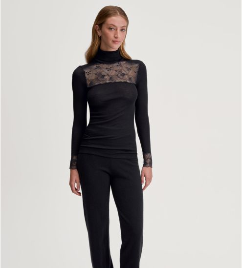 Pull fin col roulé en laine et soie avec dentelle Silky Wool Glam noir