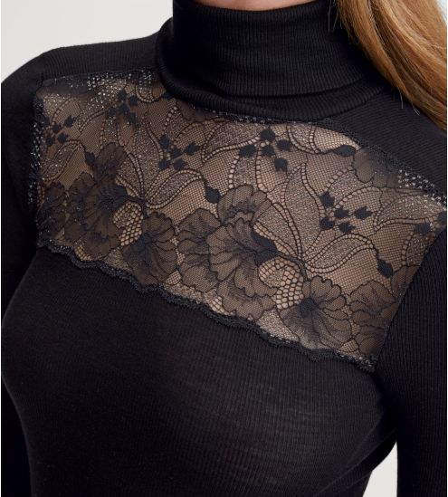 Pull fin col roulé en laine et soie avec dentelle Silky Wool Glam noir