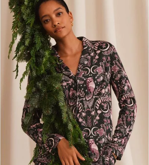 Haut de pyjama chemise imprimé nocturne hiboux noir