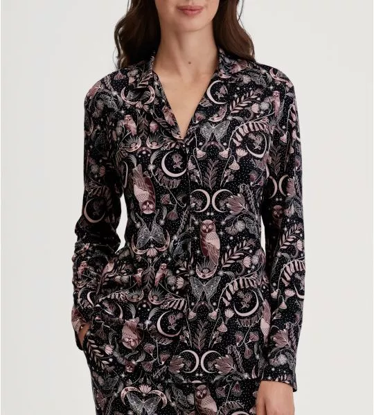 Top of Pajama Shirt Night Printed Owls Black