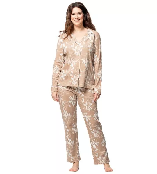 Pyjama chemise pour femme beige imprimé floral blanc