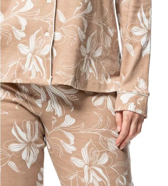 Pyjama chemise pour femme beige imprimé floral blanc