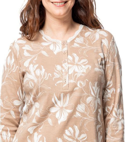 Liquette à manches longues beige imprimé floral blanc
