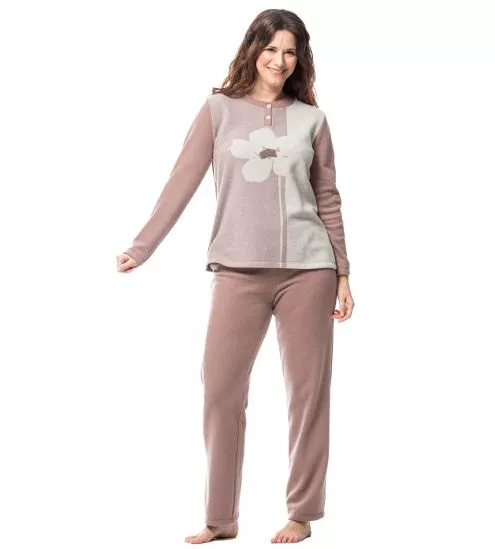 Pyjama polaire femme mauve avec grande fleur avant