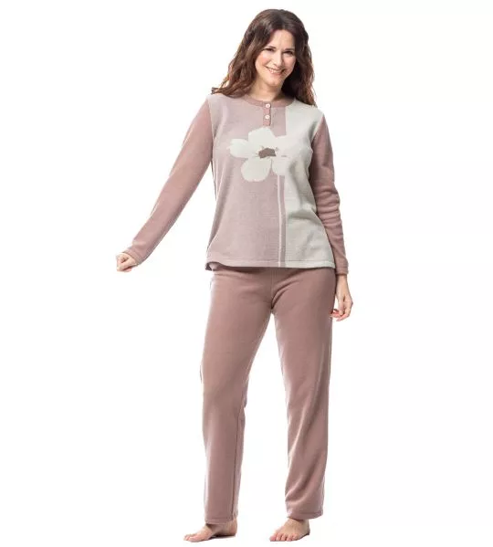 Pyjama polaire femme mauve avec grande fleur avant