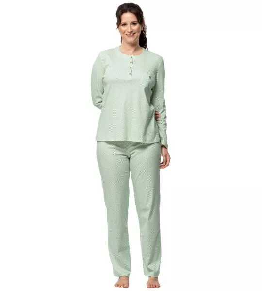 Pyjama long vert détails graphiques col boutonné